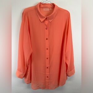 Brandis‎ Dress Out Loud Sheer Button Down Long Sleeve Coral Cancun Blouse 1X